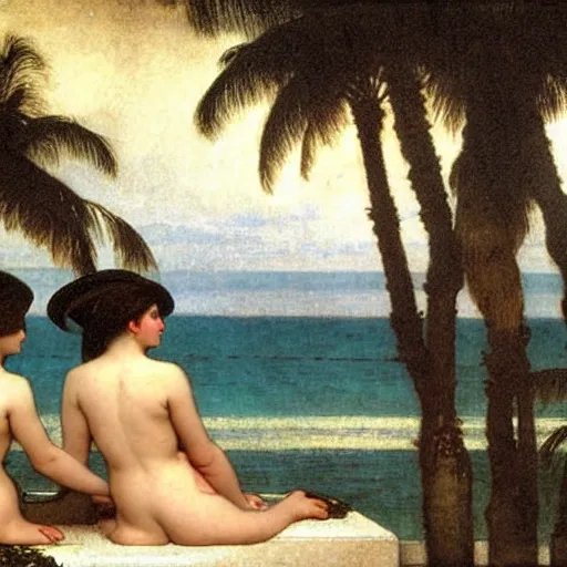 Image similar to Silhouette of two girls at the palace, thunderstorm, greek pool, beach and palm trees on the background major arcana sky, by paul delaroche, alphonse mucha and arnold böcklin arnold böcklin hyperrealistic 8k, very detailed