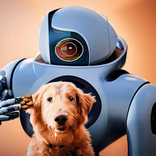 Image similar to robot with a human pet , award winning photograph , realistic , 4k , HD , focus