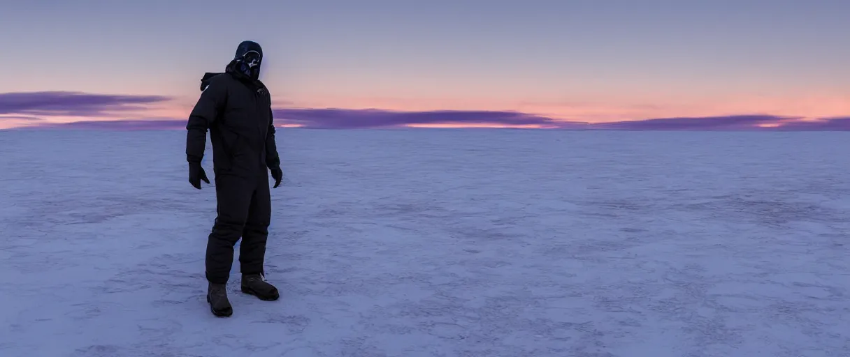 Image similar to a high quality color extreme closeup depth of field creepy hd 4 k film 3 5 mm photograph of the faint barely visible silhouette of a bulky man standing on the edge of a vista overlooking mcmurdoch station in antarctica at the beginning of sunset