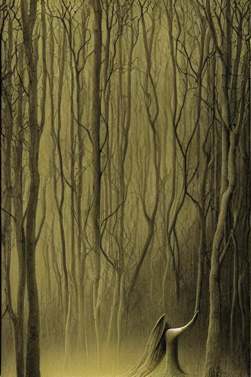 Image similar to zdzisław beksinski painting. a witch in the woods