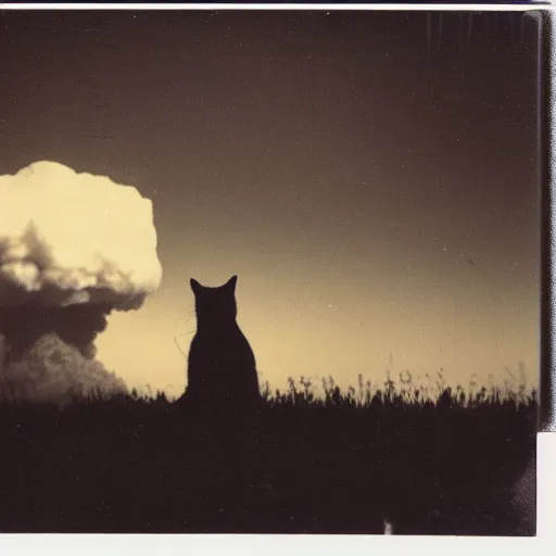 Prompt: a polaroid of a cat watching a mushroom cloud in the background