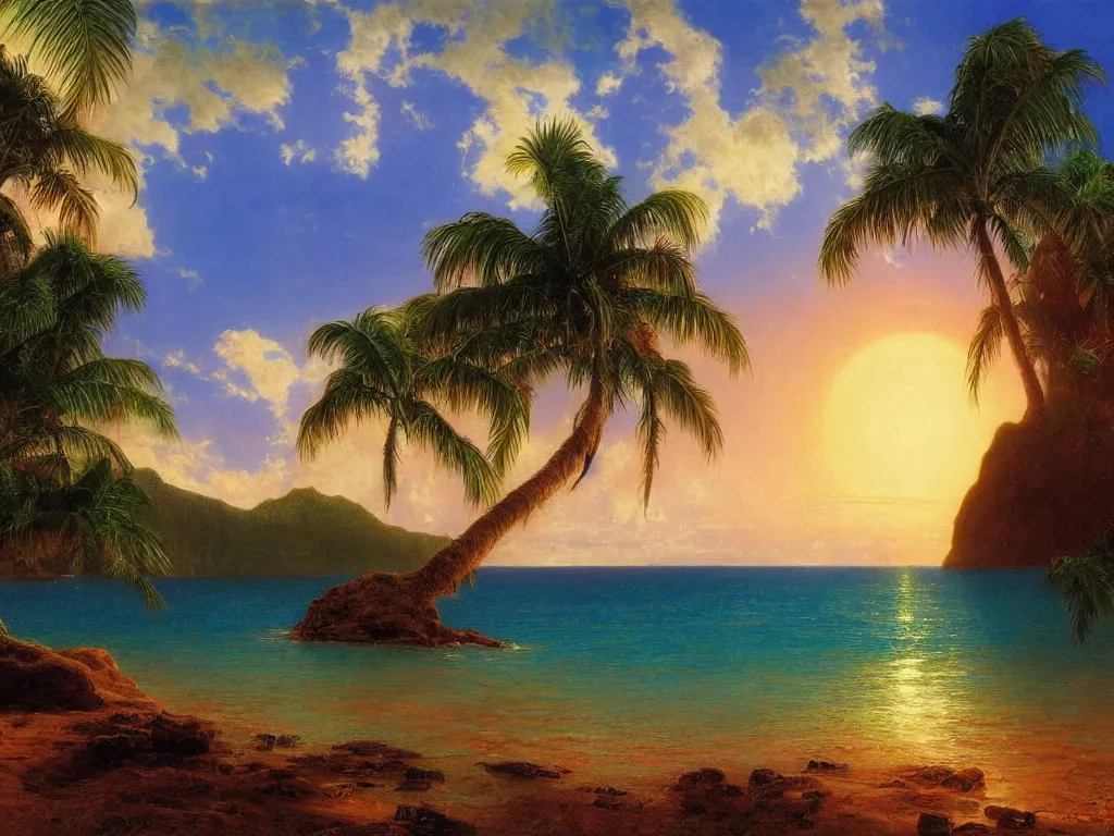 Image similar to Island beach cove at the center of the universe, Kauai, Sunlight Study, by Albert Bierstadt and ((((((((((Lisa Frank))))))))), Art Nouveau, 8k