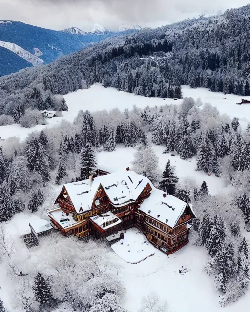 Image similar to mansion in the snowy alps set on fire, zoomed out, shot from drone, iphone capture, fire