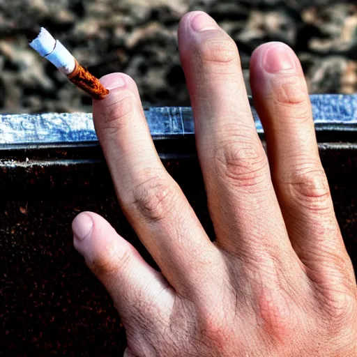 Image similar to normal man's hand with five fingers and a ring and a cigarette between the fingers