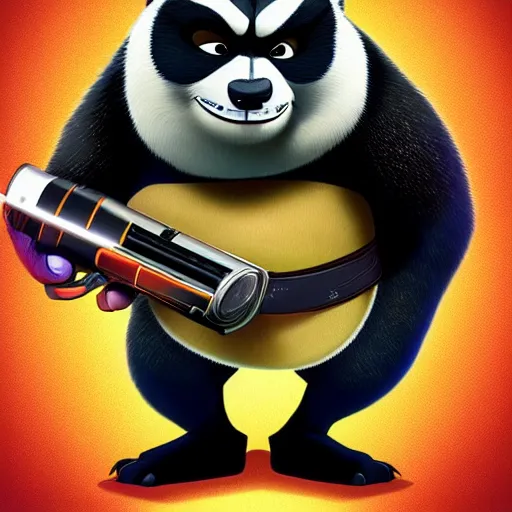 Image similar to “ portrait of a racoon in the style of kung fu panda holding laser gun, with a black background, digital art, award winning, trending on art station, retro style ”