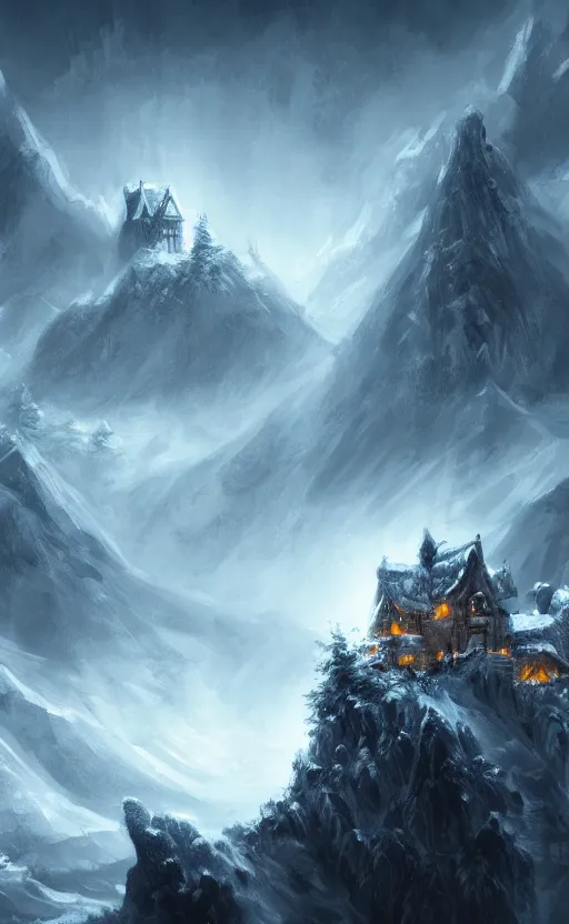 Image similar to dark fantasy concept art of a snow mountain with a small village on it at night, dynamic lighting, ambient lighting, atmospherical, stunning visuals, creative, cinematic, ultra detailed trending on art station, 8k quality, lonely vibe