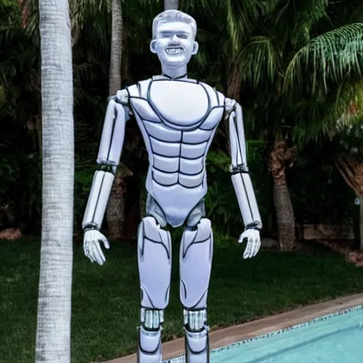 Image similar to a realistic detailed photo of a guy who is an attractive humanoid who is half robot and half humanoid, who is a male android, wrestler bo nickal, shiny skin, posing like a statue, blank stare, by the pool, on display, showing off his muscles, humanoid robot, frozen ice statue