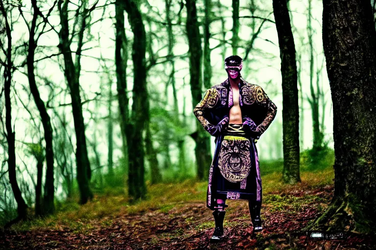 Image similar to versace avant garde male toga intricate textiles streetwear cyberpunk posing in the woods trees cloudy overcast dark late evening dramatic 3 5 mm professional color