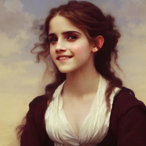 Prompt: painting of emma watson as hermione granger. smiling. happy. cheerful. art by william adolphe bouguereau. extremely detailed. beautiful. 8 k. award winning.