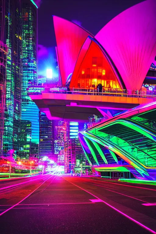 Image similar to neon streets of sydney opera, 4 k, award winning photo, cyberpunk style