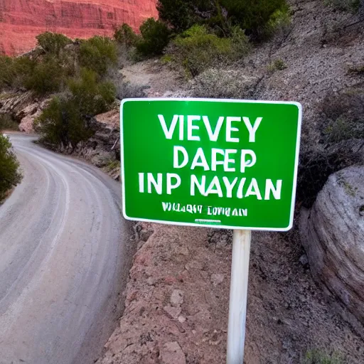 Prompt: A green sign that says Very Deep Learning and is at the edge of the Grand Canyon. Puffy white clouds are in the sky.