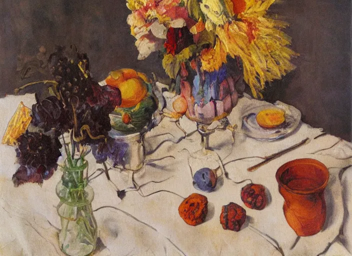 Image similar to a surreal painting of a breakfast still life, flowers, by George Baselitz, symbolist, soft colors, dramatic lighting, smooth, sharp focus, extremely detailed, aesthetically pleasing composition