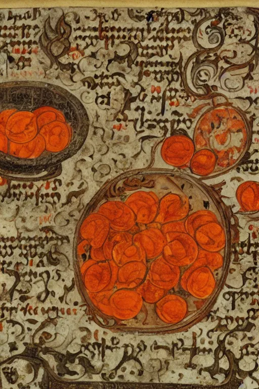 Prompt: high detailed image in medieval codex with reciept of grilled oranges on fire, gothic text, imperial museum collection