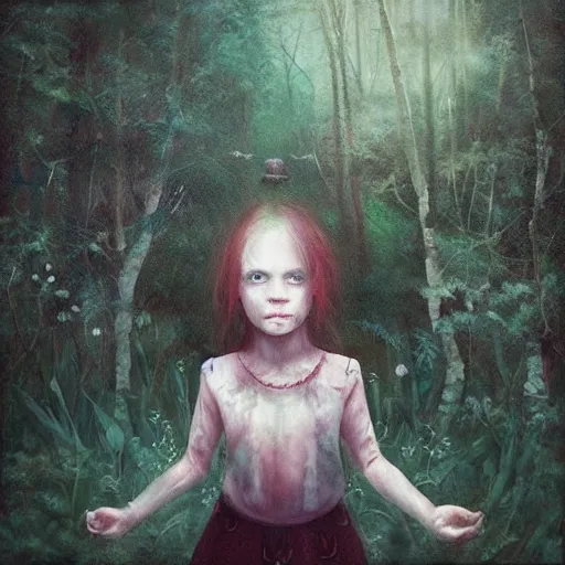 Prompt: “evil child girl making a ritual in a magical forest by leesha hannigan, artwork”