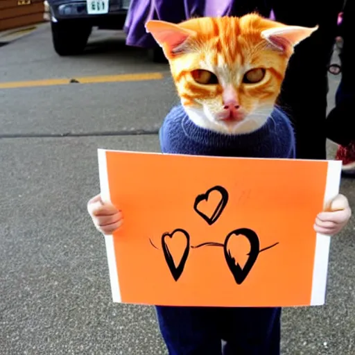 Image similar to orange tabby cat holds sign that says