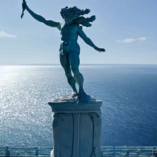 Prompt: a statue of neptune overlooking the ocean, 4k