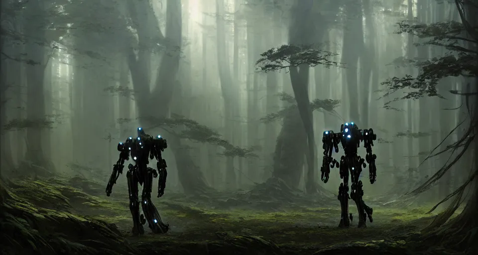 Image similar to hyper realistic sci - fi matte concept art painting of mecha walking through an alien forest, beautiful details, strong composition painted by kim jung guweta studio rutkowski, james gurney and greg rutkowski, and lucasfilm, smooth, intricate, detailed, sharp focus, cinematic