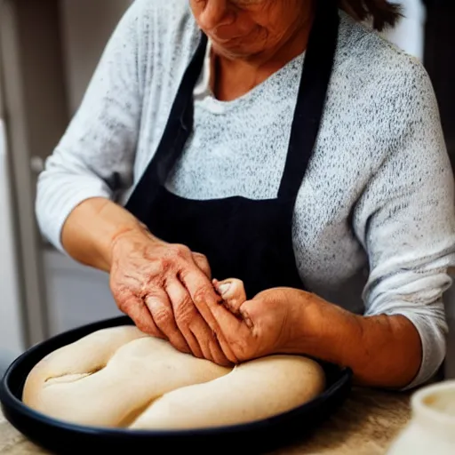 Image similar to a woman kneading bread with her hands