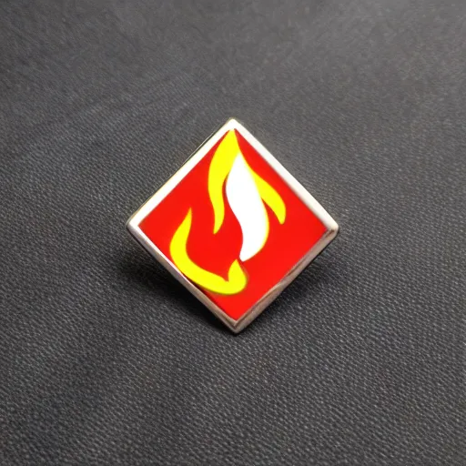 Image similar to a retro minimalistic diamond enamel pin of a retro minimalistic flame fire warning label, smooth curves
