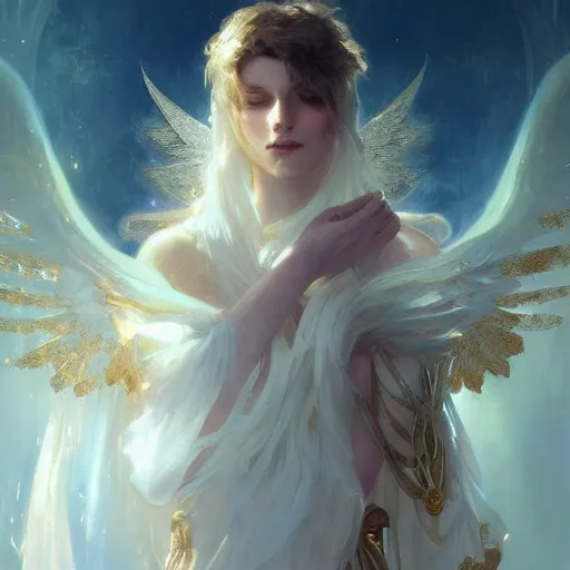 Image similar to angel warrior, beautiful, stunning, gold mist, radiating power, energy, god rays, luminescence, fractal, smooth white and soft by ruan jia, tom bagshaw, alphonse mucha, krenz cushart, vray render, artstation, deviantart, pinterest