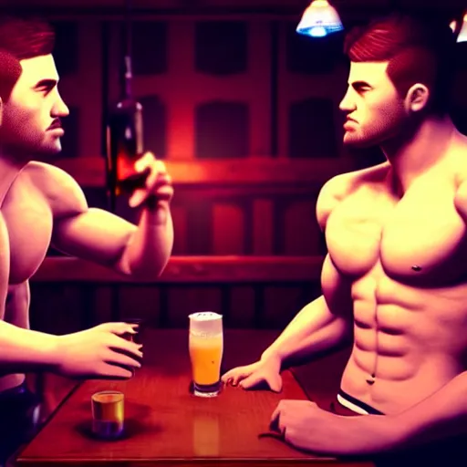 Image similar to cinematic scene with attractive male and another attractive muscular male, drinking their hearts out, in the pub, very detailed, volumetric lighting, still frame