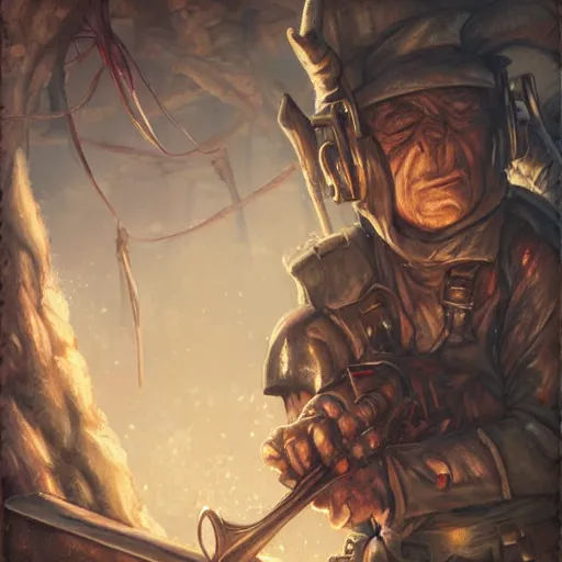 Prompt: goblin artificer tinkerer working on a makeshift rifle on a dusty workbench, cover of a Dungeons and Dragons book, art by Raymond Swanland