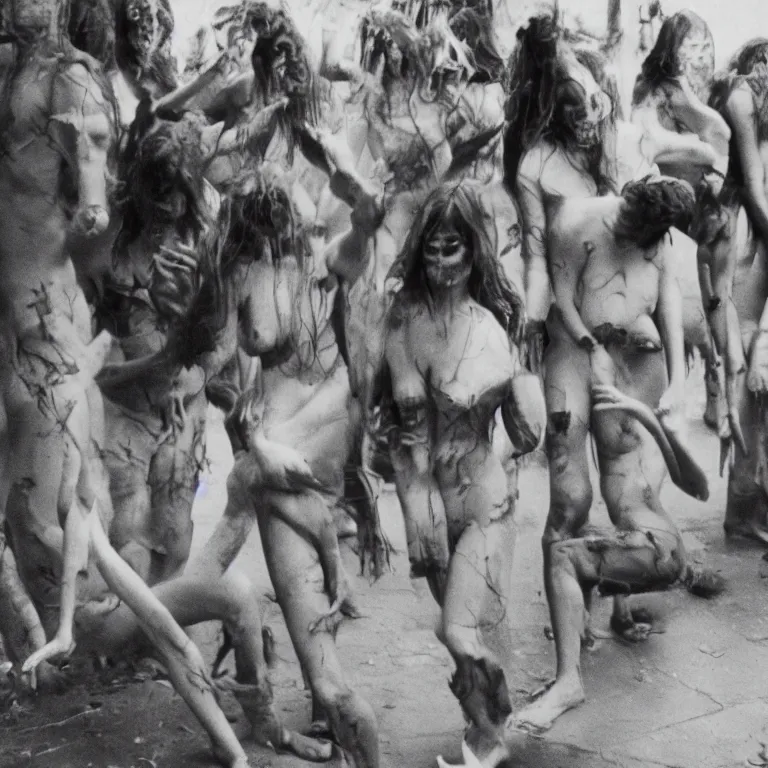 Prompt: secretive cult performing a ritual and transforming into incubi and succubi, body horror, gritty photograph, circa 1 9 7 5, technicolor, 8 mm film, archival quality image, scanned by