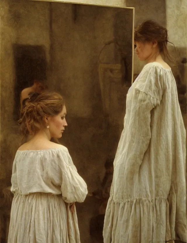 Image similar to peasant trying dress in front of a mirror, on a village, Cinematic focus, Polaroid photo, vintage, neutral colors, soft lights, foggy, by Steve Hanks, by Serov Valentin, by lisa yuskavage, by Andrei Tarkovsky 8k render, detailed, oil on canvas