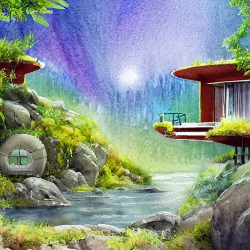 Image similar to beautiful happy picturesque charming organic sci - fi pod homes in a beautiful natural scene. water, trees and rocks. beautiful light. grainy and rough. soft colour scheme. beautiful artistic detailed watercolor by lurid. ( 2 0 2 2 )