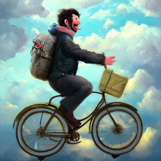 Image similar to A whimsical painting of a happy man flying in the sky on his bicycle in the clouds, expressive oil painting, digital art by Ross Tran