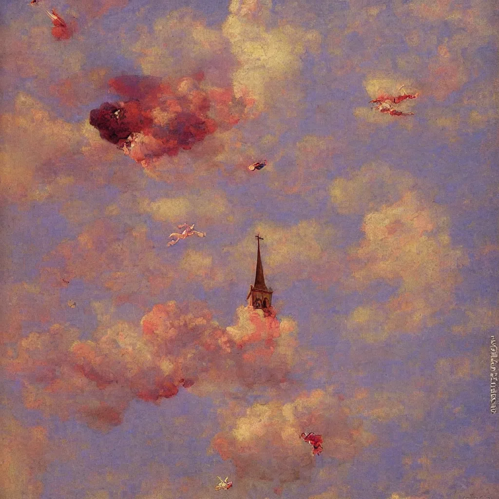 Image similar to two huge pink zepplins flying above church steeple, 1905, highly detailed colourful oil on canvas, by Ilya Repin