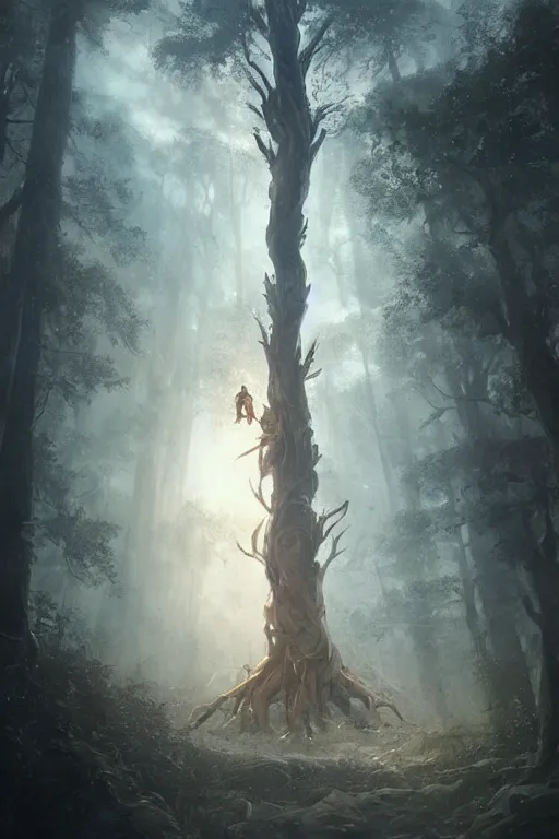 Image similar to a beautiful terrifying humanoid tree beast looms over a tiny human. at dawn, ethereal fantasy art by greg rutkowski