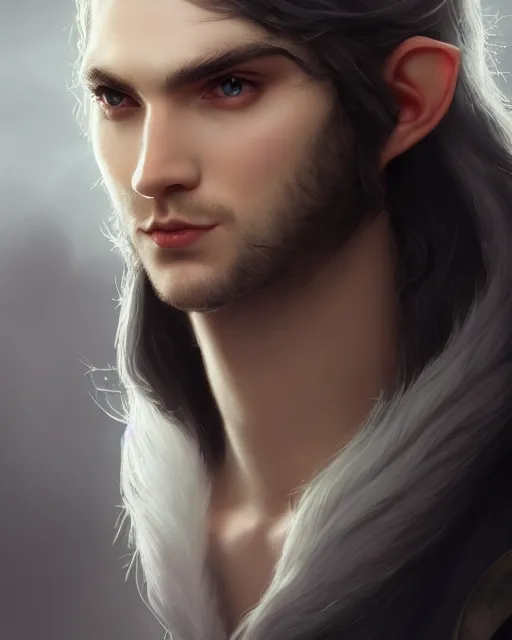 Prompt: portrait, beautiful male elf, long hair, elegant, super detailed, light black robes with silver accenting, silver very ornate jewelry, cape, 8 k, cinematic, backlight, octane render, dusk, warm lighting, artstation, greg rutkowski, rossdraws, william bouguereau, sharp focus