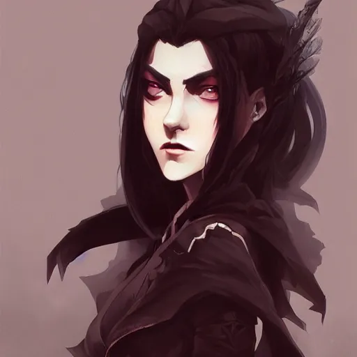 Image similar to female human vampire witch in the style of greg rutkowski, makoto shinkai, trending on artstation, character design, concept art, pretty face, highly detailed, long black hair, portrait, digital art