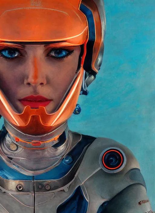 Image similar to symmetry!!! closeup portrait! of a racer girl, cyborg jumpsuit, in clouds, cinematic light, windy, teal orange, by gerald brom, by mikhail vrubel, by peter elson, muted colors, extreme detail, trending on artstation, 8 k