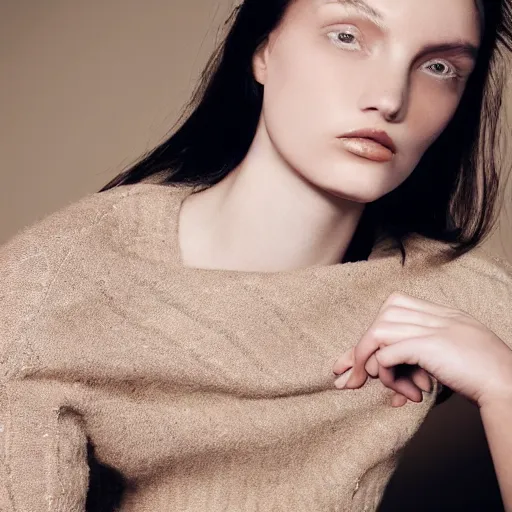 Image similar to close up of face of female fashion model, sitting on chair, beige colors, official jil sander editorial, highly detailed