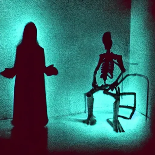 Image similar to A selfie of a woman in a dark room, with a spooky filter applied, with a figure in the background, in a Halloween style.