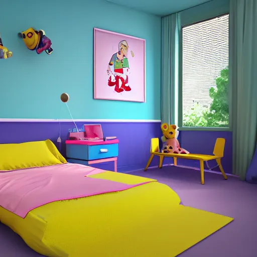 Image similar to eye - level view, in a child's bedroom filled with toys there is a bed under a window. a colorful comforter is on the bed. a super cute gsd puppy runs and jumps and plays on the bed. hilarious, funny, back to school comedy, cg animation, 3 d octane render, imax 7 0 mm,