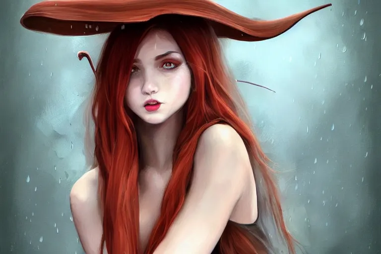 Prompt: beautiful woman, long redish hair covers face, witch hat, dainty figure, torn overalls, short shorts, combat boots, wet tshirt, raining, basic white background, side boob, symmetrical hands, portrait, elegant, intricate, digital painting, artstation, concept art, smooth, sharp focus, illustration, art by artgerm and greg rutkowski and alphonse mucha,