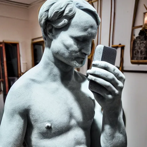 Image similar to marble sculpture of a man holding a phone to take a selfie