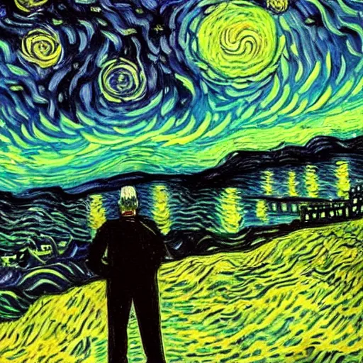 Prompt: Man sees Cthulhu coming from the night sky of a city, oil painting, illustrated by Vincent van Gogh