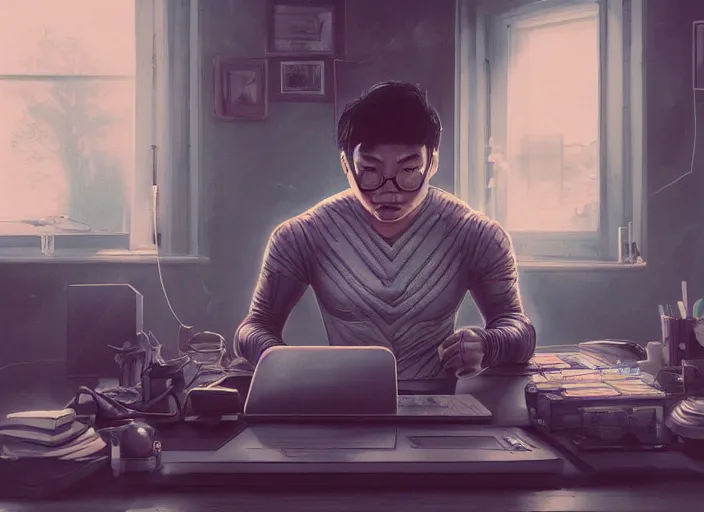 Prompt: an insanely detailed painting of an asian man wearing a homemade superhero costume, sitting at a desk, staring seriously at the computer and typing, in the style of james jean, dramatic lighting and composition, surreal background, octane render, pixar, trending on artstation, concept art, comic book, view from behind, 8 k