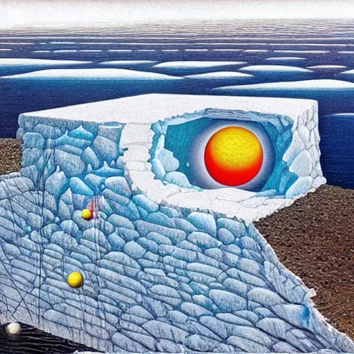 Image similar to codex seraphinianus of the flat earth model surrounded by a ice wall and firmament