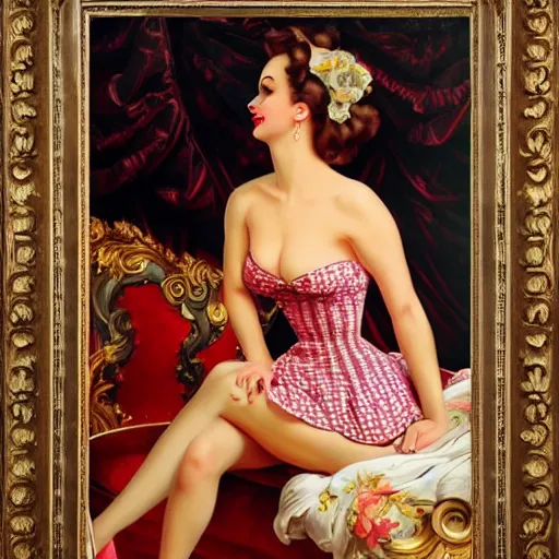 Prompt: ekaterina dressed in pin up style, ultra detailed, beautiful, decolte, by greg hildebrandt fancy rococo baroque oil painting high quality clothed in fancy garb in pin up style