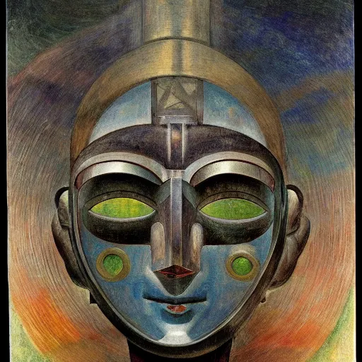 Image similar to the robot in her mechanical mask, by Annie Swynnerton and Diego Rivera, symbolist, dramatic lighting, elaborate geometric ornament, Art Brut ,god rays, soft cool colors,smooth, sharp focus, extremely detailed, Adolf Wölfli