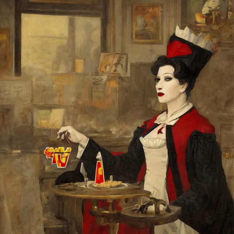 Image similar to portrait of a beautiful and grim vampire queen wearing a mcdonalds uniform serving customers by William-Adolphe Bouguerea