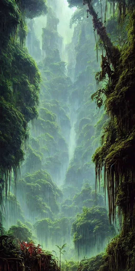 Image similar to a expressive landscape of mayan ancient jungle, artstation, award - winning realistic sci - fi concept art by jim burns and greg rutkowski, beksinski, a realism masterpiece, expressive color palette, james gilleard, bruegel, alphonse mucha, and yoshitaka amano