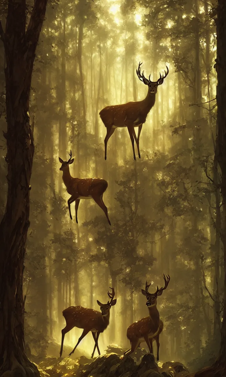 Image similar to Deer in Sherwood Forest, full frame, highly detailed, digital painting, artstation, concept art, smooth, sharp focus, illustration, art greg rutkowski and alphonse mucha