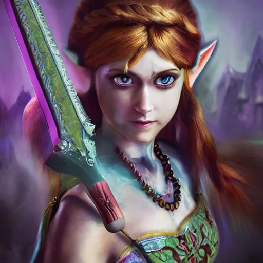 Image similar to detailed princess zelda slaying zombies ntricate, hyper detailed, realistic, oil painting, cinematic lighting