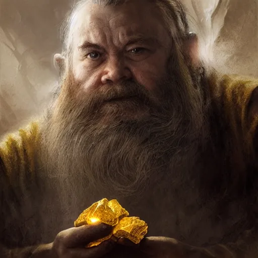 Prompt: portrait of a dwarf holding in two hands the humongous raw, unrefined gold nugget with organically sculpted lines, realistic, beautiful, fantasy art, dnd, lord of the rings, mid - shot, moody lighting, by greg rutkowski, wlop, artgerm, concept art, sharp focus, ray tracing